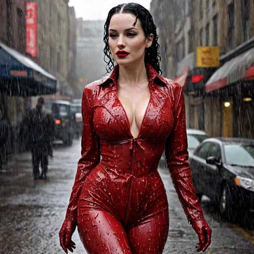 A woman wearing a red leather outfit is walking down a rain-soaked street lined with buildings and cars.