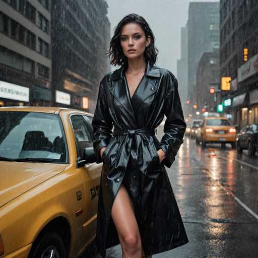 A woman is standing on a rainy city street next to a yellow taxi cab. She is wearing a black leather jacket and high heels, with her hair pulled back into a ponytail. The background shows buildings and cars in the distance under an overcast sky.