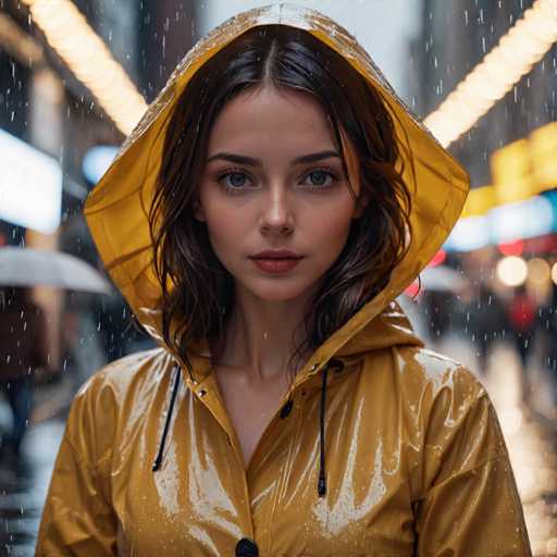 A young woman stands alone on a rainy street, wearing a vibrant yellow raincoat and holding an umbrella over her head. The background is blurred, but the outlines of buildings can be seen in the distance.