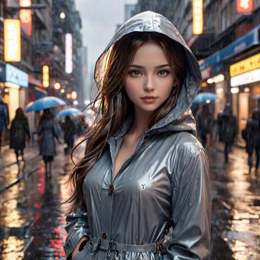 A young woman with long brown hair is standing on a wet city street wearing a silver raincoat and holding an umbrella. The background shows buildings and people walking along the sidewalk under umbrellas.