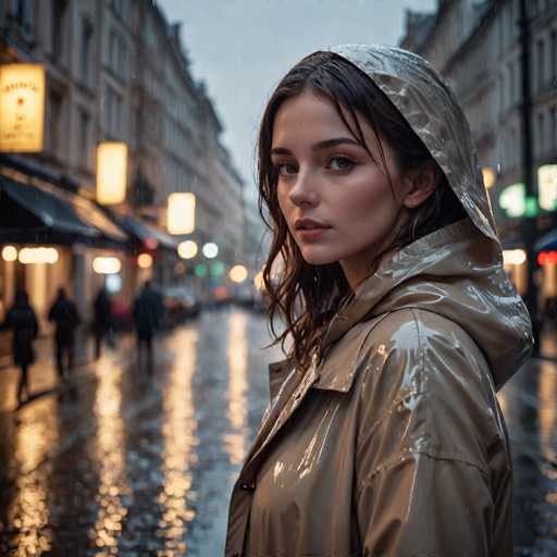 A young woman stands on a wet city street at night, wearing a beige raincoat and hooded over her head with her hair pulled back into a ponytail. The street is slick from recent rainfall, reflecting the lights of nearby buildings in a myriad of colors.