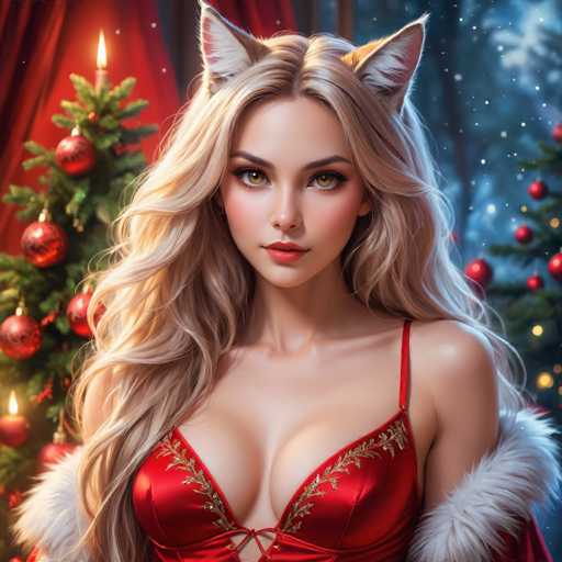 The image depicts a woman with blonde hair wearing a red dress and a fur coat. She is positioned against the backdrop of Christmas trees adorned with red and gold ornaments. The scene appears to be set in a wintery forest setting, creating an atmosphere of festivity and warmth.