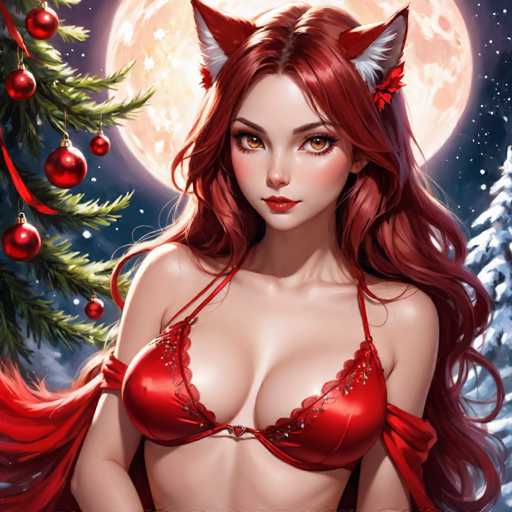 The image depicts a woman with long red hair wearing a red bikini top and a white bra underneath it. She is standing against the backdrop of a Christmas tree adorned with red ornaments and a full moon in the background. The woman's face is lit up with a smile, adding to the festive atmosphere.