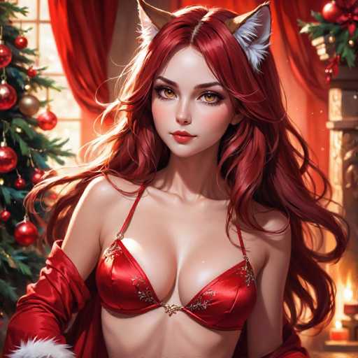 The image depicts a woman with long red hair wearing a red bikini top and a white skirt. She is standing next to a Christmas tree decorated with red and gold ornaments, which is positioned in front of a window. The background features a red curtain that matches the color of her hair.