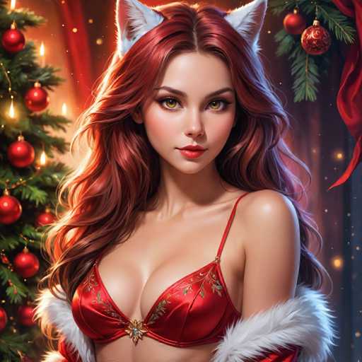 The image depicts a woman with long red hair wearing a red bra and a white fur coat. She is positioned against the backdrop of a Christmas tree adorned with red and gold ornaments. The background features a mix of red and green lights, creating a festive atmosphere.