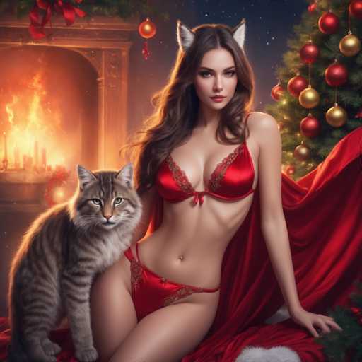 A woman is seated on a bed with her legs crossed and wearing a red thong top and bra. A cat is sitting next to her on the bed. The room has a fireplace in the background, and Christmas decorations are visible above it.