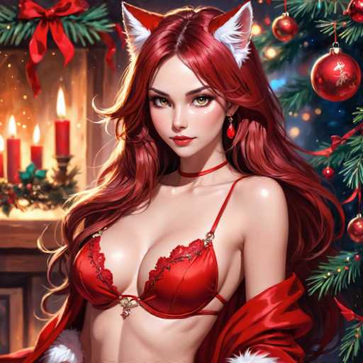 The image depicts a woman with long red hair wearing a red bra and a white top, standing against the backdrop of a Christmas tree adorned with red and gold ornaments. The scene is illuminated by candles, creating a warm and festive atmosphere.