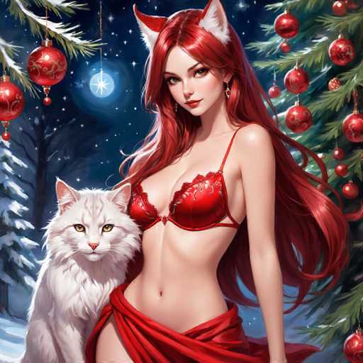 The image depicts a woman with red hair and long hair wearing a red dress standing next to a white cat on a snowy forest floor. The background features Christmas decorations hanging from the trees against a dark blue sky.