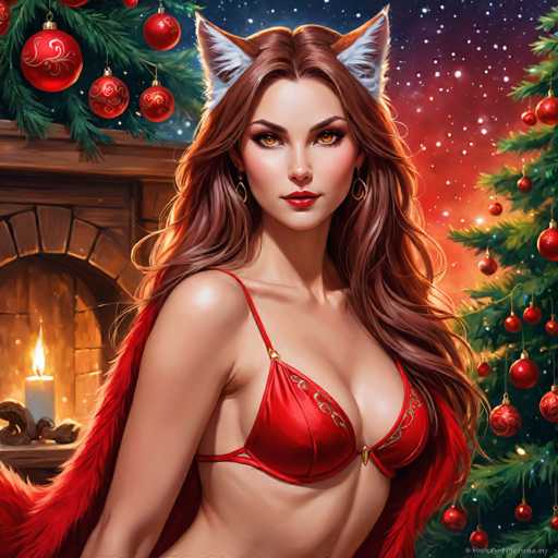 The image depicts a woman with long brown hair wearing a red bra and panties, standing next to a Christmas tree adorned with red and gold ornaments. The background features a fireplace with a lit candle, creating a warm and festive atmosphere.