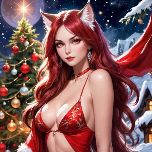 The image depicts a woman with long red hair wearing a red dress and strapless bra. She is standing in front of a Christmas tree adorned with ornaments and lights, suggesting the holiday season. The background features a snowy landscape under a starry sky, creating a festive atmosphere.