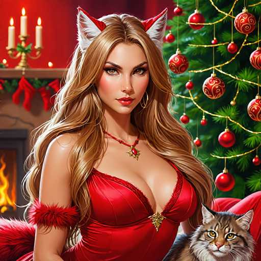 The image depicts a woman wearing a red dress with white fur trim and gold accents, standing next to her cat. The background features a Christmas tree adorned with red and gold ornaments, creating a festive atmosphere.