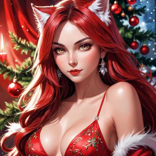 The image depicts a woman with long red hair wearing a red dress and a white fur coat. She is positioned against the backdrop of a Christmas tree adorned with red and gold ornaments. The scene appears to be set in a room decorated for the holiday season, suggesting that it might be an illustration or painting.