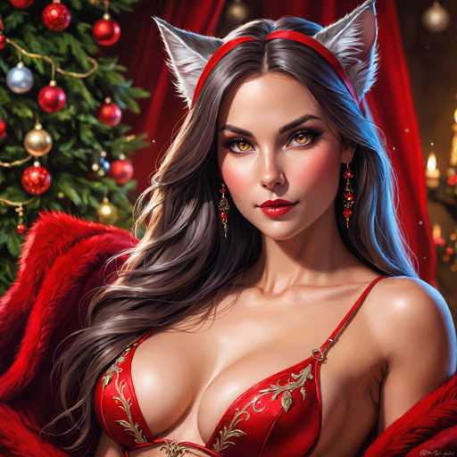 The image depicts a woman with long brown hair wearing a red bra and earrings. She is positioned against a backdrop of a Christmas tree adorned with red and gold ornaments, and a red fur coat draped over her shoulders. The colors in the image are predominantly red, white, and gold, creating a festive atmosphere.