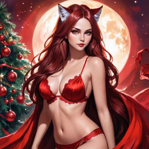 The image depicts a woman with long red hair wearing a red bra and panties, standing against the backdrop of a full moon and Christmas trees adorned with red and gold ornaments. The woman is positioned in front of a large Christmas tree, which is surrounded by numerous red and gold ornaments.