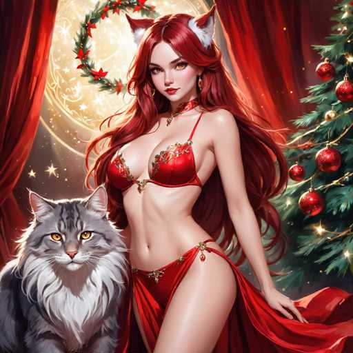 The image depicts a woman with long red hair and a red dress standing next to a gray cat wearing a gold collar. The background features a Christmas tree adorned with red and gold ornaments against a dark red curtain backdrop.