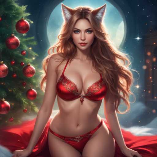 The image depicts a woman with long brown hair and red lingerie posing for the camera against a backdrop of a Christmas tree adorned with red ornaments. The background is dark blue, providing a stark contrast to the vibrant colors of the Christmas decorations.