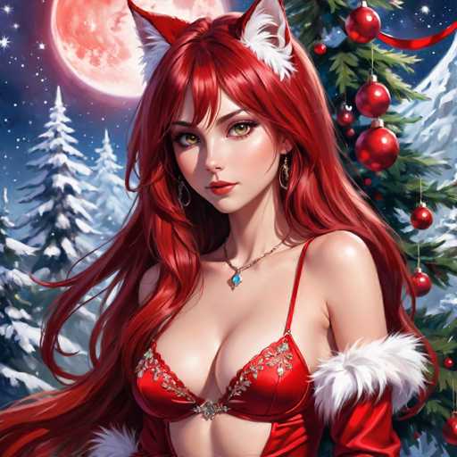 The image depicts a woman with long red hair wearing a red dress and white fur collar, standing next to a Christmas tree adorned with red ornaments. The background features a full moon against a dark blue sky, creating a festive atmosphere.