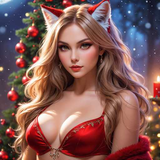 The image depicts a woman with blonde hair wearing a red bra and a red top, standing against the backdrop of a Christmas tree adorned with red and gold ornaments. The background is dark blue, providing a stark contrast to the vibrant colors of the Christmas decorations.