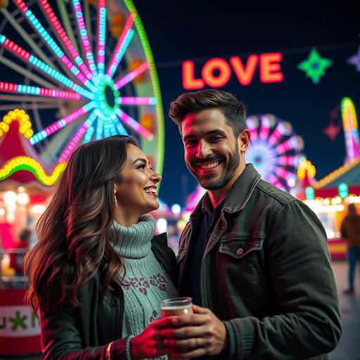 A couple is standing next to each other at a carnival, with the man holding a drink and the woman smiling at him. The background features a large Ferris wheel illuminated by colorful lights against a dark sky.