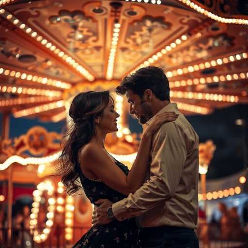 A couple stands together under a carousel light at night, with the man's arm around the woman and both facing each other.