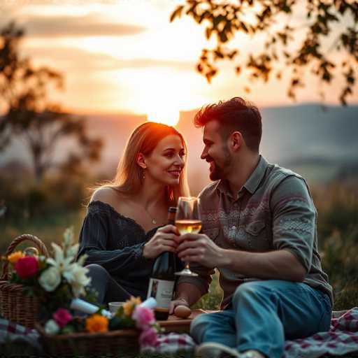 A couple is sitting on a picnic blanket under a tree with a basket of food and wine glasses between them. The man has his arm around the woman as they gaze into each other's eyes at sunset.