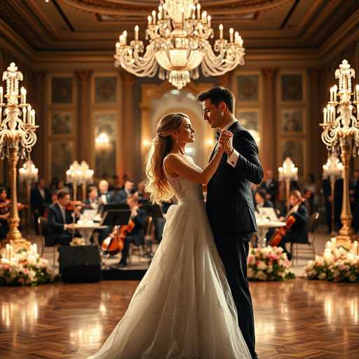 A couple is dancing on stage at a wedding reception. The bride wears a white dress and the groom is dressed in a black suit with a tie. They are holding hands as they dance under a chandelier that casts a warm glow over them. In the background, other guests can be seen seated at tables adorned with flowers, and musicians playing instruments on stage.