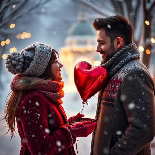 A couple is standing together on a snowy street at night, with the man holding a red heart-shaped balloon and the woman wearing a red coat and hat.