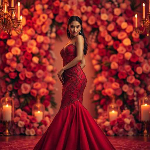 A woman is standing in front of a large floral archway made up of red roses and white flowers. She is wearing a long, elegant red dress with gold accents that reaches down to her knees. The background features a chandelier hanging from the ceiling, casting a warm glow over the scene.