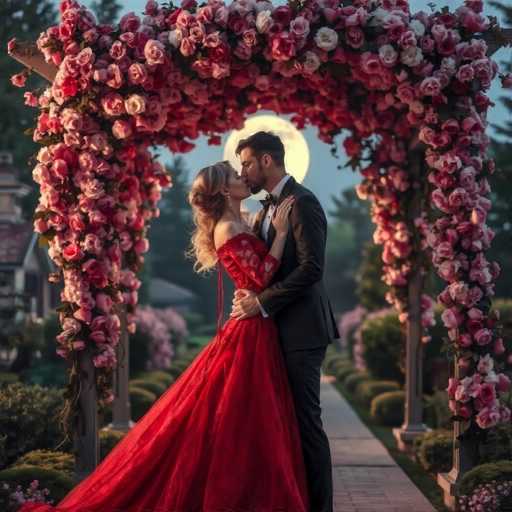 A couple is sharing an intimate moment under a pink archway adorned with white and red roses. The man wears a black suit and tie while the woman is dressed in a long red dress. They stand close together, their bodies almost touching as they share a kiss.