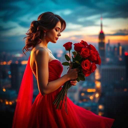 A woman stands on a rooftop at sunset, wearing a red dress and holding a bouquet of red roses. The city skyline forms the backdrop, with buildings illuminated by warm orange lights against a deep blue sky.