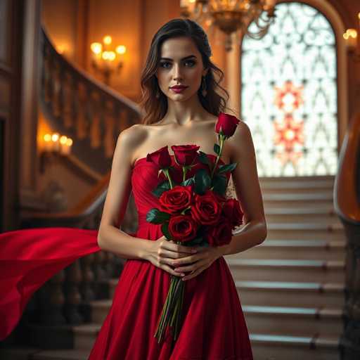 A woman is standing on a staircase with her hair styled in an elegant updo and wearing a red dress that matches the roses she holds in her hands. The roses have long stems and vibrant red petals, adding to the romantic atmosphere of the scene.