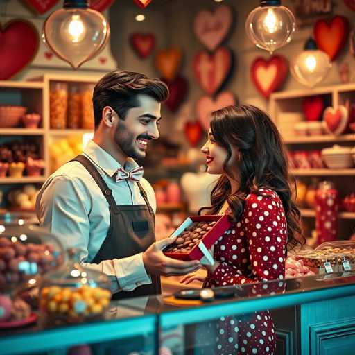 A man and a woman stand behind a counter filled with various candies and chocolates at a candy shop. The man is holding a box of chocolates while the woman stands next to him.