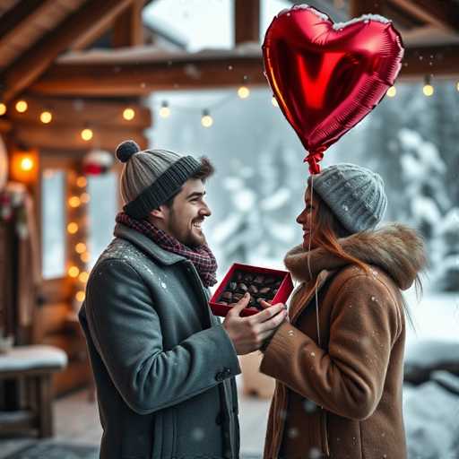 A man and woman stand on a porch with a red heart balloon above them. The man is holding a box of chocolates while the woman looks up at him.