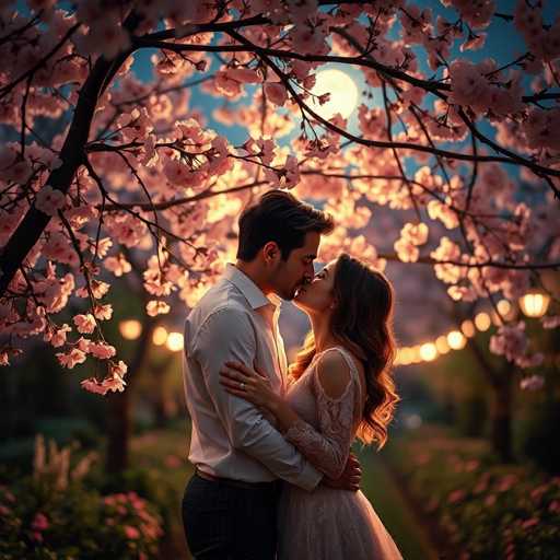 A couple is sharing an intimate moment under a tree with pink flowers and a full moon casting a soft glow on them. The man wears a white shirt and the woman is wearing a white dress.