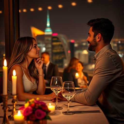 A couple is seated at a table with wine glasses and candles on it. The man is wearing a white shirt and the woman is wearing a black dress. In the background, there are other people present in the restaurant.