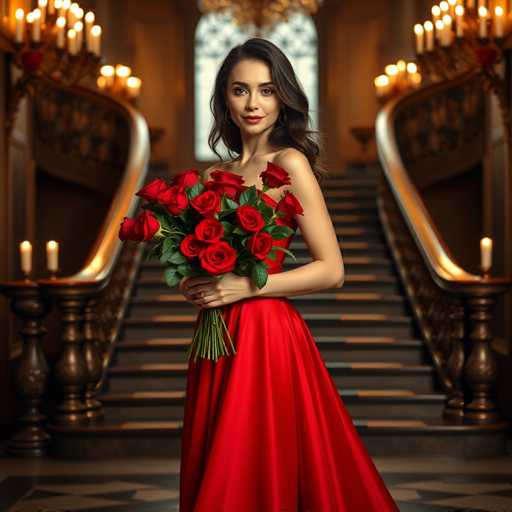 A woman is standing on a staircase with her arms outstretched and holding a bouquet of red roses. The stairs lead up to an ornate room with a chandelier hanging from the ceiling.