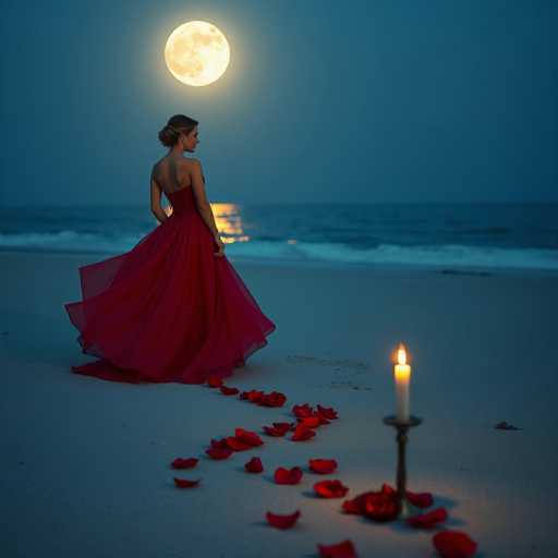 A woman in a long red dress stands on a beach at night, holding a lit candle and surrounded by scattered rose petals. The full moon is visible in the background, casting an ethereal glow over the scene.