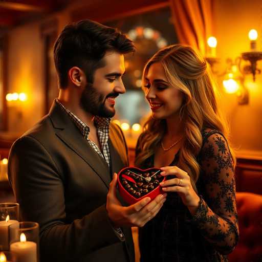 A man and a woman stand together in front of a window with gold curtains, both smiling at each other as the man holds up a heart-shaped box filled with chocolates for the woman to see.