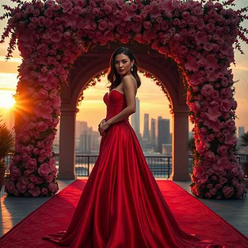 A woman is standing in front of a large archway adorned with pink flowers and roses at sunset. She is wearing a long red dress that reaches down to her knees. The setting sun casts a warm glow over the scene, highlighting the vibrant colors of the flowers and creating a serene atmosphere.