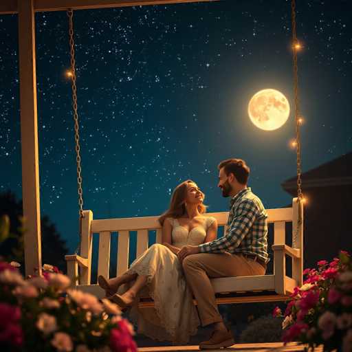 A couple sits on a white wooden swing under a starry night sky with the moon visible behind them. The man wears a blue and green plaid shirt while the woman is dressed in a white dress.