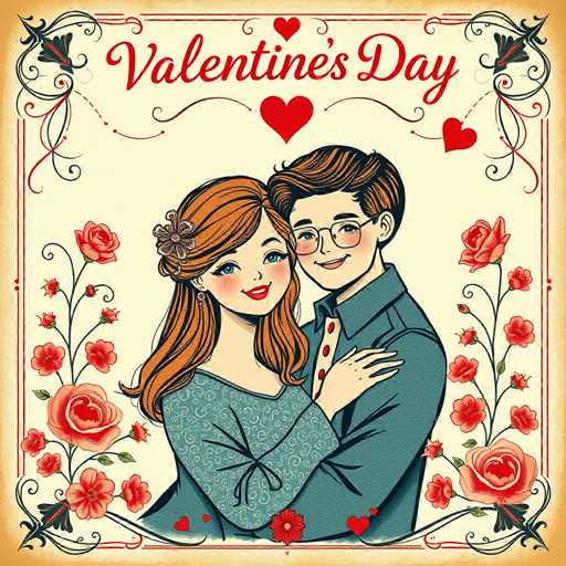 The image depicts a couple embracing each other against a backdrop of red roses and white hearts. The man is wearing a blue shirt and the woman has long brown hair. They are positioned centrally in the frame, with their arms wrapped around each other's shoulders. The background features a floral design that includes red roses and white hearts, adding to the romantic atmosphere.