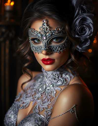 A woman is captured wearing an ornate mask with a silver and blue design on her face, which features a large rose as the centerpiece. She has long dark hair styled in loose curls that fall over her shoulders, and she is wearing a silver dress with intricate lace detailing. The background of the image is blurred, but it appears to be a room with a window and a candle, suggesting an indoor setting or perhaps a dimly lit room during nighttime.
The woman's pose is striking, with her head tilted slightly to the side as if she is looking directly at the camera.