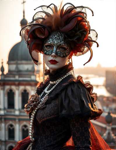 A woman is standing on a rooftop with a cityscape in the background. She is wearing an ornate costume that includes a mask and a dress adorned with pearls. The colors of her outfit include black, red, and gold.