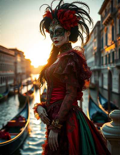 A woman dressed in an elaborate Venetian-style costume stands on a boat in Venice, Italy, with the setting sun casting a warm glow over the cityscape and reflecting off the water. The woman is wearing a long red dress adorned with intricate lace detailing and a large headdress embellished with feathers and flowers.