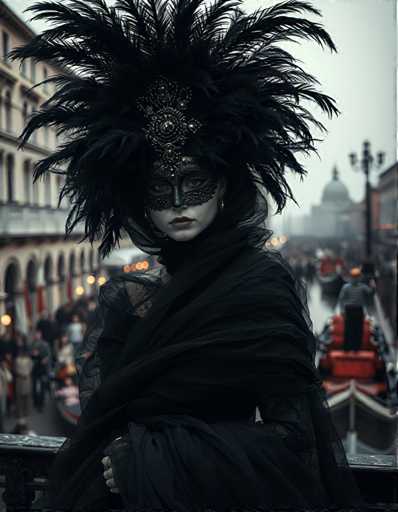 A woman is standing on a balcony with her back to the camera, wearing a black feathered headdress and a long black dress that reaches down to her knees. The balcony has a railing running along it, and in the background, there are buildings visible through the windows of one of them.