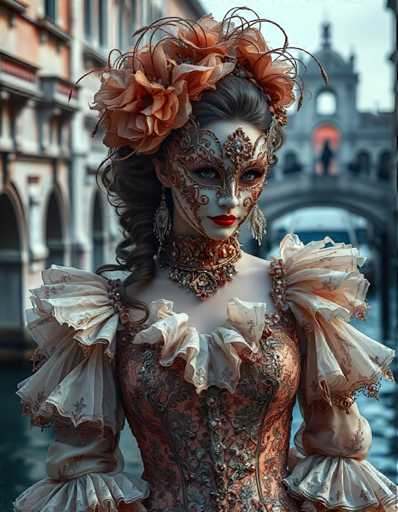 A woman is standing on a bridge with an orange and white mask covering her face. She is wearing a long dress that has ruffles down the front and a headpiece made of flowers. The background features a building with arched windows and a clock tower in the distance, suggesting an urban setting.