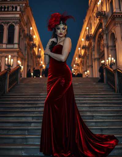 A woman is standing on a set of stairs with her arms crossed and wearing a red dress that falls down to the ground. The stairs lead up to an ornate building with columns and arches in the background, suggesting a grand or historic location.