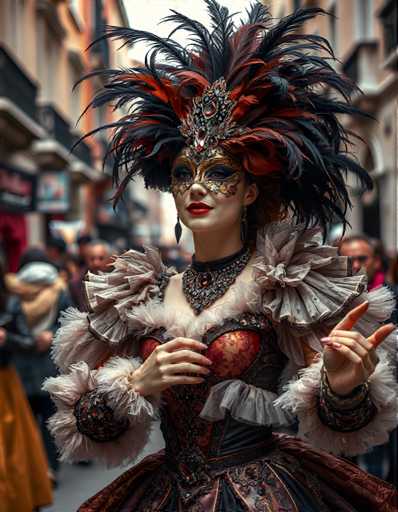 A woman is standing on a street wearing an elaborate costume that includes a feathered headdress and a mask with red and black feathers. She has her hands raised above her head as she stands in front of a building.