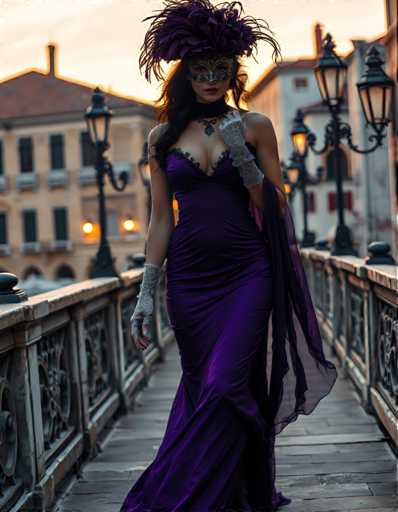 A woman is walking on a bridge at sunset, wearing a purple dress and a feathered mask that matches the color of her hair. She has long brown hair and is carrying a purse in one hand while holding onto a railing with the other. The setting sun casts a warm glow over the scene, creating a serene atmosphere as she walks along the bridge.