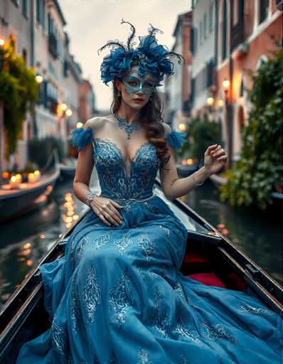 A woman is seated on a gondola in Venice, Italy, wearing a blue dress with intricate beading and a large headpiece adorned with feathers. The gondola is filled with other gondolas, creating a sense of movement and life as they navigate the canals together.